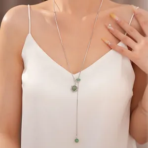 Elegant stainless steel long necklace with green beads and hexagram pendant