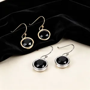 Elegant stainless steel drop earrings with circular black zircon in gold and silver