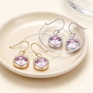 Elegant stainless steel round pink cubic zirconia hook earrings for fashion women