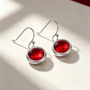 Detailed macro shot of elegant silver stainless steel earrings with round red stones.