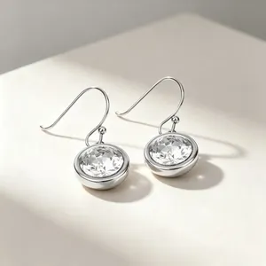 Close-up of round cut clear cubic zirconia drop earrings in silver stainless steel