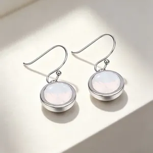 Detailed view of elegant round stainless steel drop earrings with a milky white stone inlay