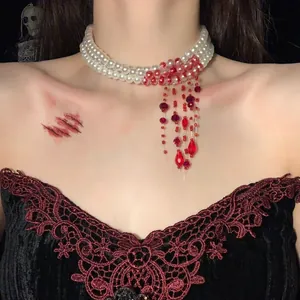 Halloween Drie Lagen Kunstparel Ketting Gotisch Vintage Bloeddruppel Glaskralen Choker Voor Vrouwen Cosplay Feest Sieraden