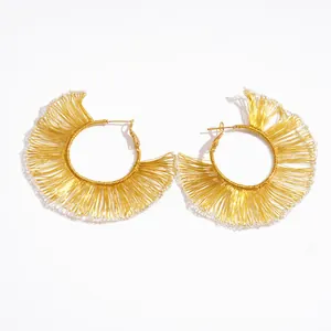 Boucles d'oreilles créoles dorées avec design de franges métalliques ajourées sur fond blanc