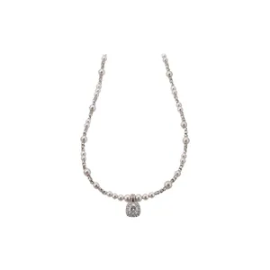 Light Luxury Square Zirconia Pendant Artificial Pearl Necklace For Women Silver Tone Copper Chain Elegant Daily Wear Jewelry