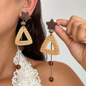 Vintage Woven Rattan Triangle Drop Earrings For Women Bohemian Geometric Tassel Glass Bead Earrings 925 Sterling Silver Post