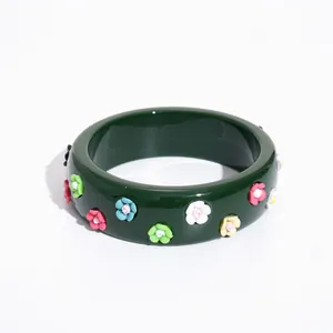 Vintage dark green resin bangle featuring colorful 3D floral embellishments for women