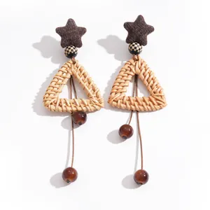Vintage woven rattan triangle tassel earrings with plush star and glass beads