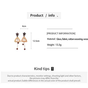 Detailed product info for vintage rattan woven triangle tassel earrings with stars