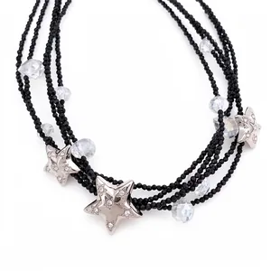 Meerlaagse Zwarte Glazen Kralen Ketting Met Strass Ster Hangers Chique Gelaagde Sleutelbeenketting Sieraden Voor Dames