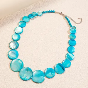 Fashionable turquoise round shell beaded necklace with adjustable silver-toned extension chain