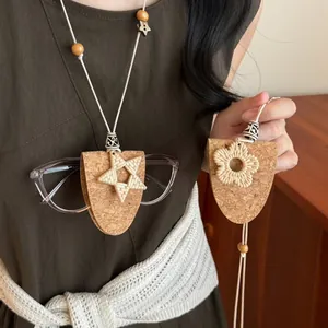 Handgefertigte Holz Leder Blume Stern Brillenfassung Halskette Vintage Lange Pulloverkette Böhmischer Schmuck Für Damen