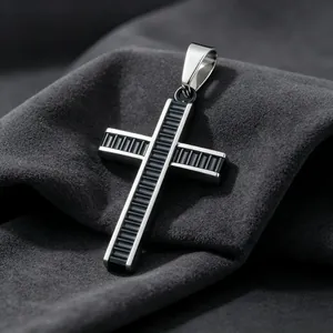 Stainless Steel Cross Pendant For Men Women Punk Style Vertical Groove Ladder Design Minimalist Gothic Religious Jewelry Gift