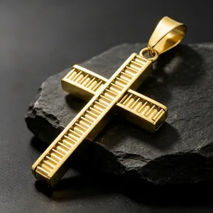 Unique gold stainless steel ladder cross pendant with punk style vertical grooves