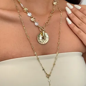Vintage Gold-Halsketten-Set mit Perlen, Sternenanhängern und strukturiertem Rundanhänger