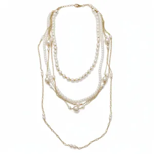 French Vintage Luxury Multi-Layer Artificial Pearl Necklace For Women Gold Iron Chain Clavicle Necklace Fashion Commute Jewelry