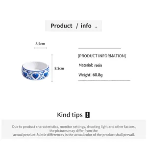 Detailed info of blue and white resin bracelet with heart patterns, 8.5cm diameter