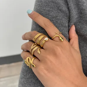 Detail van vergulde roestvrijstalen slangenringen met zirkonia-accenten op een hand