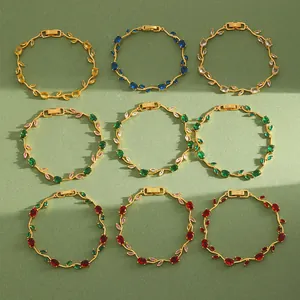 Bracelet en Acier Inoxydable Plaqué Or 18K Muguet Feuille pour Femmes Strass Colorés Élégant Fermoir de Bracelet Bijoux