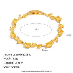 Bracelet feuille de muguet plaqué or 18K avec pierres jaunes et affichage des dimensions