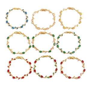 Bracelets feuille de muguet en acier inoxydable doré 18K avec de belles pierres colorées