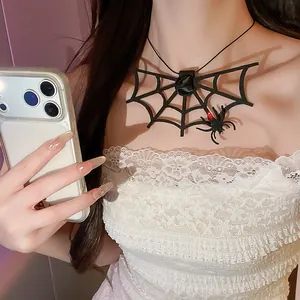 Gothic black spider web choker necklace worn by a model for Halloween party style