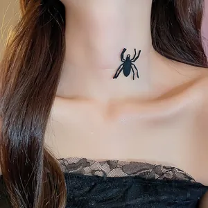 Close-up of a black spider choker necklace worn on a woman's neck for Halloween