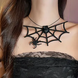 Detailed lifestyle shot of a gothic black spider web choker necklace on a model