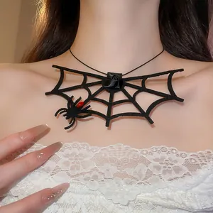 Close-up of gothic spider web choker with rose and spider detail for Halloween