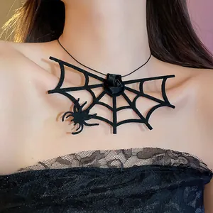 Detail of Halloween dark spider web choker necklace with rose and spider charm