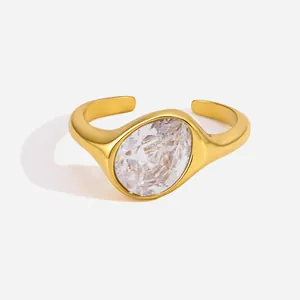 Minimalist Stainless Steel Teardrop Zirconia Open Ring Gold Plated Irregular Chunky Ring Niche Design Jewelry Finger Ring