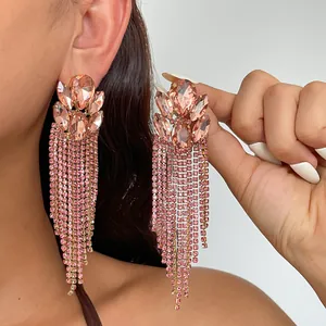 Vintage Luxus Kupfer Strass Quaste Ohrstecker Mit 925 Sterling Silber Stift Oval Wassertropfen Lange Hängeohrringe Für Damen Hochzeit Party Schmuck