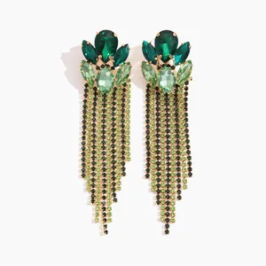Luxuriöse grüne Strass-Ohrringe mit Tropfen-Tassel-Design für Damen im Vintage-Stil