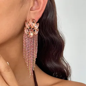 Detailansicht der rosa Strass-Quasten-Ohrringe mit Kristall-Tropfen-Design
