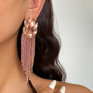 Detailaufnahme von eleganten rosa Kristallohrringen mit langen funkelnden Strassquasten