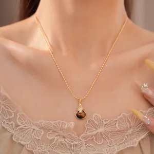 Elegante 18-karaats vergulde tijgeroog steen kalebas hanger ketting op model.
