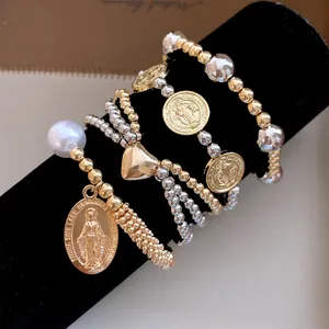 Vintage Round Beaded Portrait Heart Pendant Elastic Bracelet Set For Women Fashion Commuter Gold Silver Artificial Pearl Jewelry