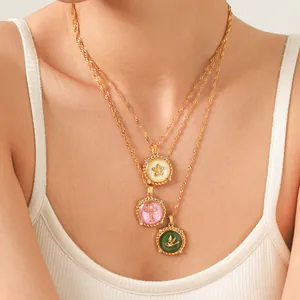 Vintage Stainless Steel Drip Oil Round Pendant Necklace For Women Gold Plated Enamel Bow Flower Bird Rhinestone Jewelry Gift