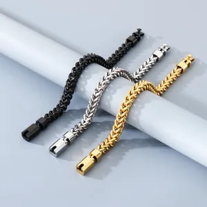 Detail of stainless steel dragon bone bracelets in black silver and gold with square buckles.