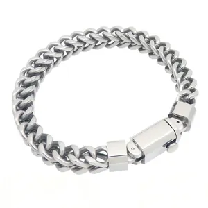 Heavy stainless steel franco dragon bone chain bracelet with square press buckle for men
