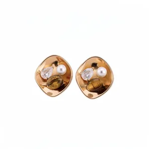 Boucles d'Oreilles Clous en Cuivre Plaqué Or 18K Vintage Français pour Femmes Bijoux Géométriques avec Incrustation de Zirconia et Perle Artificielle