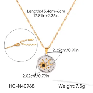Schéma dimensionnel détaillé du collier pendentif soleil et lune en acier plaqué or 18 carats.