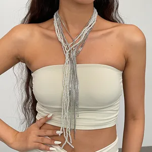 Collana con Pendente a Nappa Multistrato Vintage in Rame Perla Artificiale Strass Catena per Clavicola Donna Gioielli per Banchetti