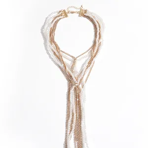 Collana vintage a più strati con perle e strass e nappa per donna, finitura dorata