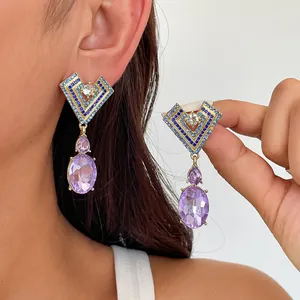 Boucles d'Oreilles Pendantes de Luxe en Alliage avec Strass Géométriques Cœur et Ovales Tige en Argent pour Femmes Bijoux Or Violet