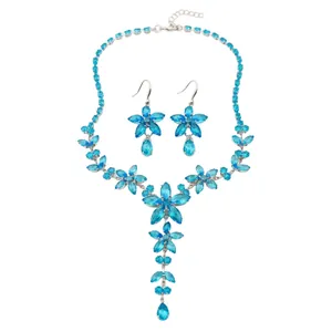 Elegant Copper Zirconia Flower Water Drop Pendant Necklace Earrings Jewelry Set For Women Luxurious Banquet Party Jewelry