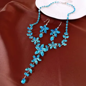 Elegant blue zircon flower necklace and earrings set with waterdrop pendant detail