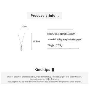 Product detail of a beaded tassel pearl necklace showing materials and length dimensions