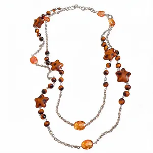 Vintage Maillard Style Acrylic Beaded Long Adjustable Necklace Star Oval Beads Copper Iron Chain Jewelry For Women