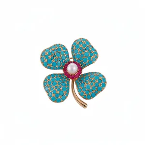 Französische Vintage Vierblättriges Kleeblatt Blumen Brosche Für Damen Gold Blau Weiß Legierung Zirkonia Kunstparel Schmuck